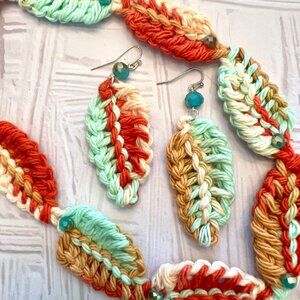COLORFUL FALL LEAVES NECKLACE & EARRINGS HANDCROCHET SET IN COTTON FIBER